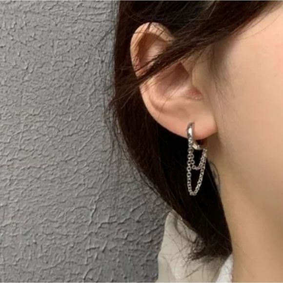 Silver titanium cuff link chain goth punk earrings new - Picture 3 of 4